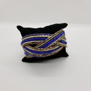 blue and gold tone seed bead braided cuff bracelet